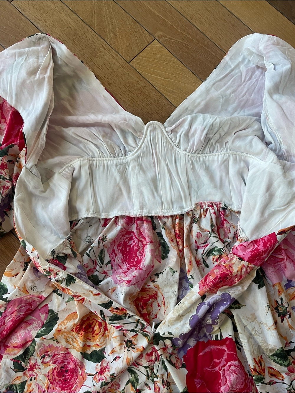 Buddy Love Floral Puff Sleeve Mini Dress L Cottagecore Scalloped Bust Boho - Picture 11 of 16